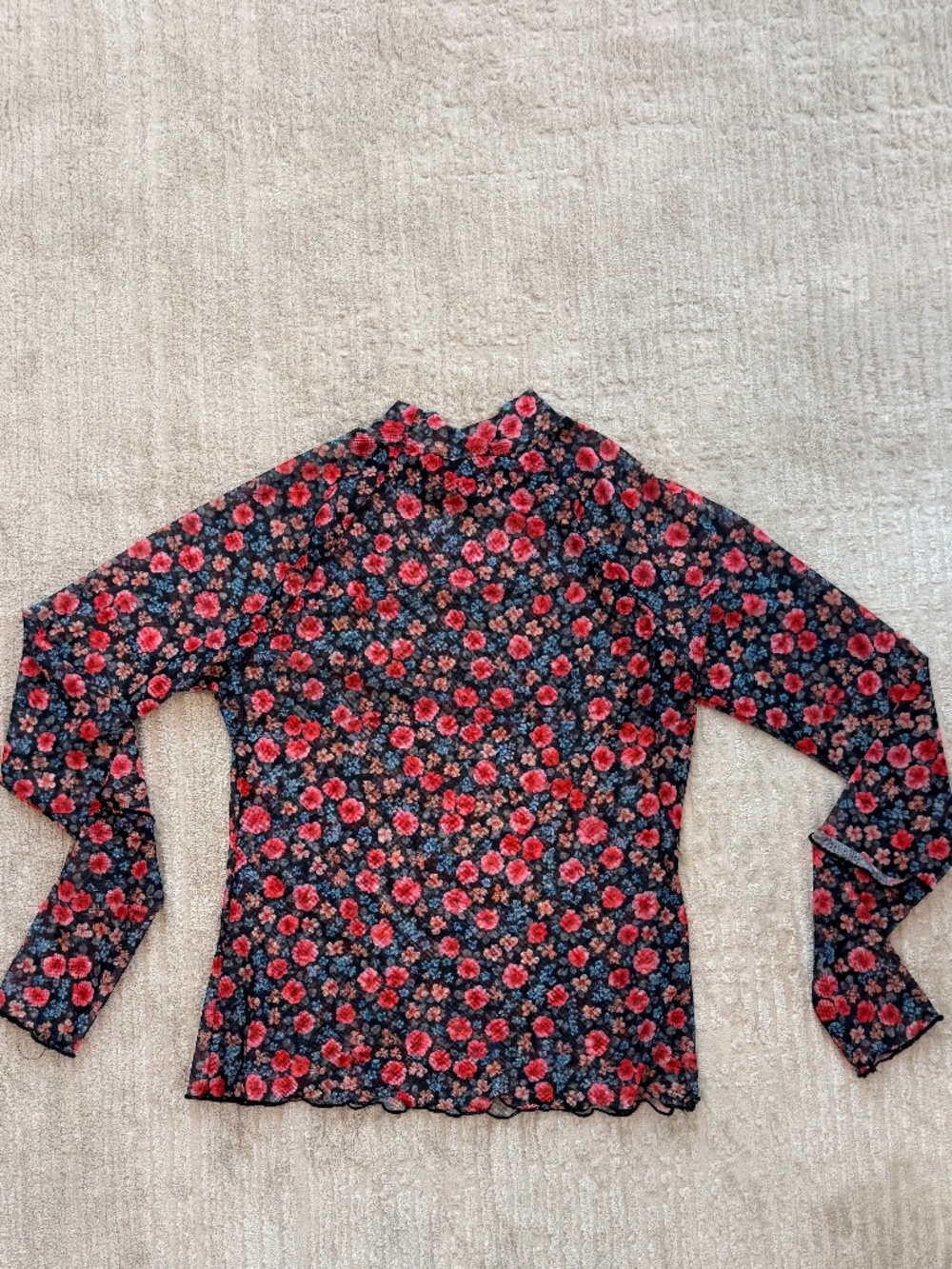 Women's Floral Mesh Long Sleeve Shirt with Mock Neck Fitted Sheer Top - Size Med
